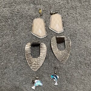 Silver Tone Textured and Cream Stone Drop Earrings - Set of 3